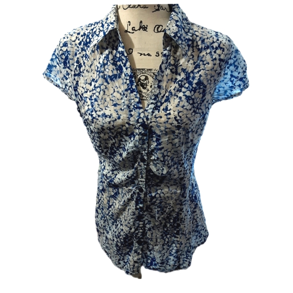 NEW ANN TAYLOR BUTTON DOWN COTTON ROUCHED FRONT BUTTON AREA FLORAL SZ 12